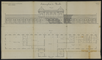 858577 Opstand van de voorgevel en plattegrond van de begane grond van het station Utrecht Maliebaan van de H.IJ.S.M. ...